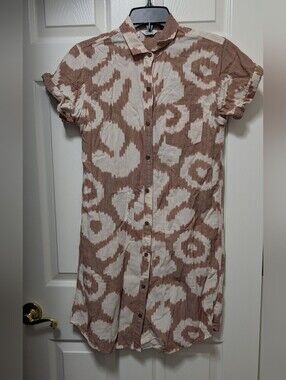 Bridge & Burn Loren Leaf Print Shirt Dress Cobalt Size Small Pop Leaf Ikat Brown
